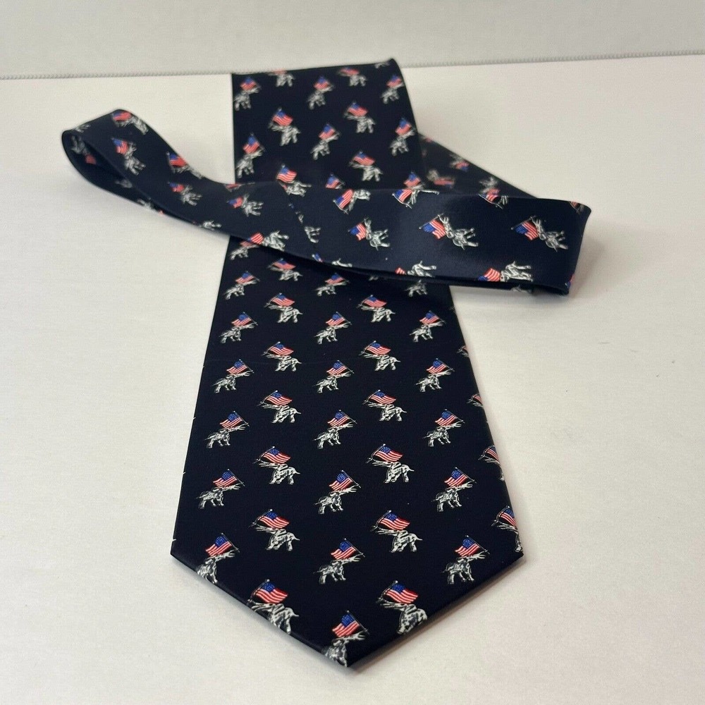 Davvero Benino Neck Tie Blue Elephant w/American Flag Patriotic Polyester